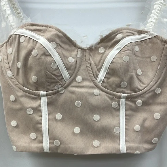 Hello Molly Sunset Polka Dot Mesh Sweetheart Corset Crop Top Preppy Beige 4 - Picture 6 of 12